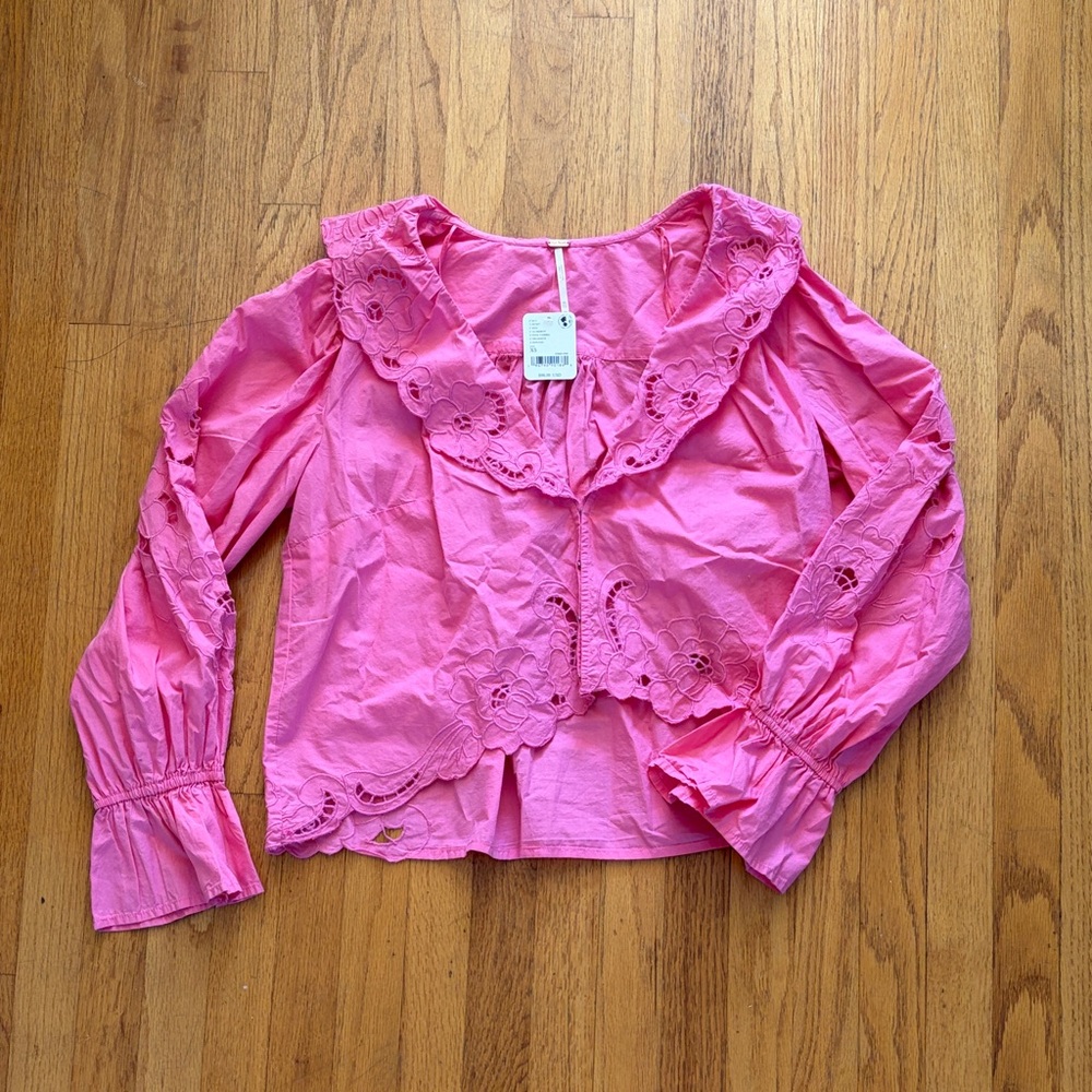 Free People Bright Pink Eyelet Ruffle Blouse